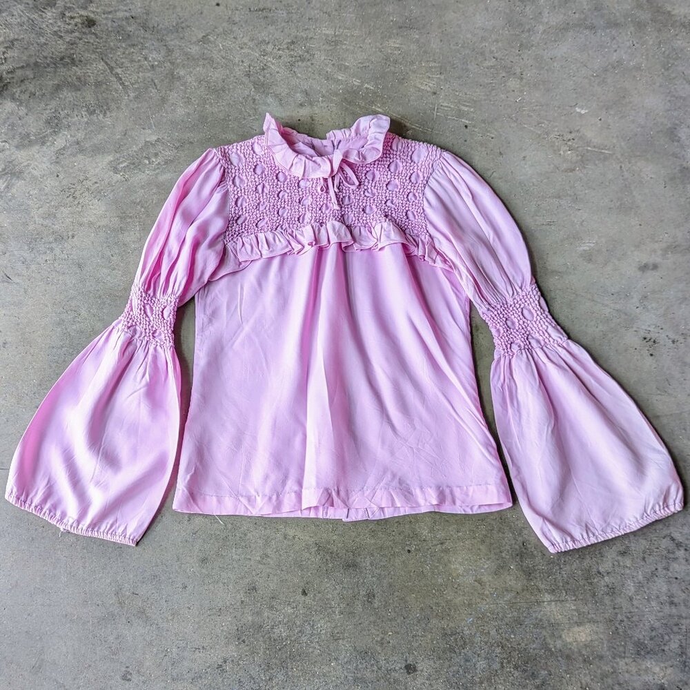 Vintage 70s Cottagecore Pink Purple Bell Sleeve Button Back Peasant Prairie Top
